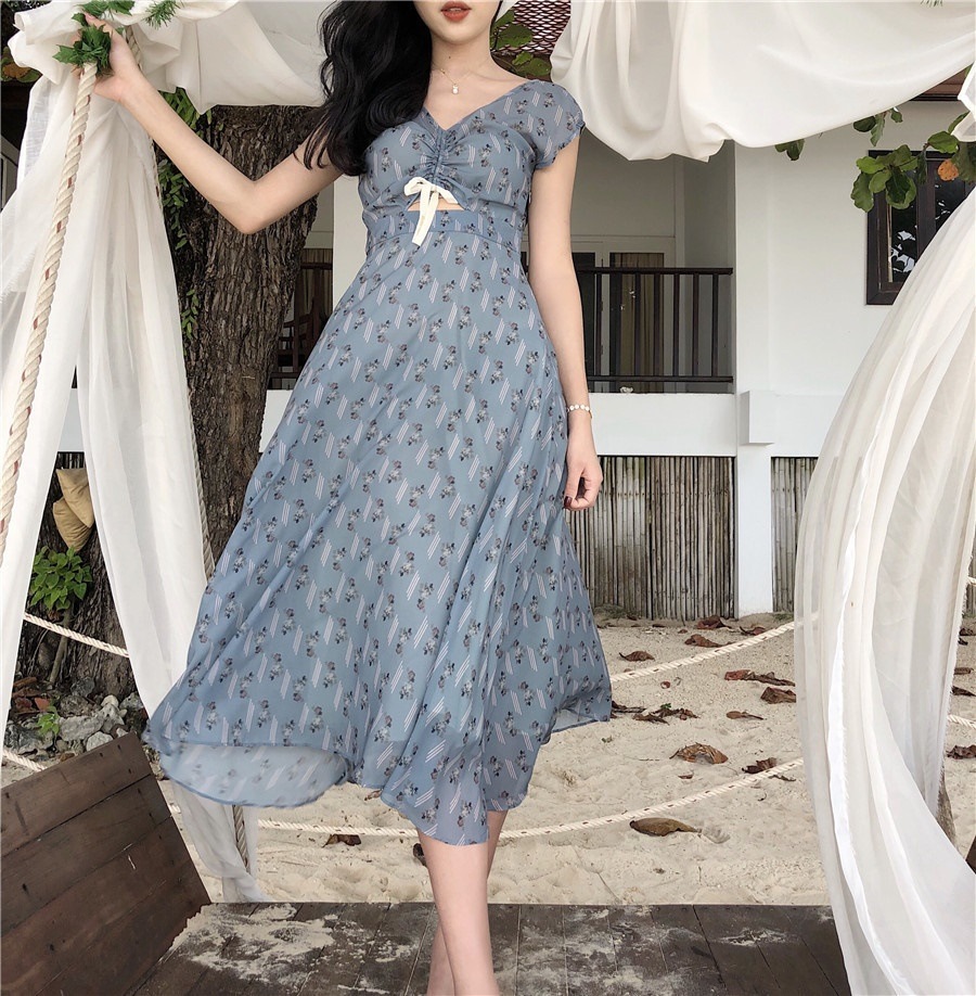 1664.花柄Vネックロングワンピース（ブルー）2019 春夏 sale デート 女子会 お呼ばれ リゾート お出かけ 海 ビーチ