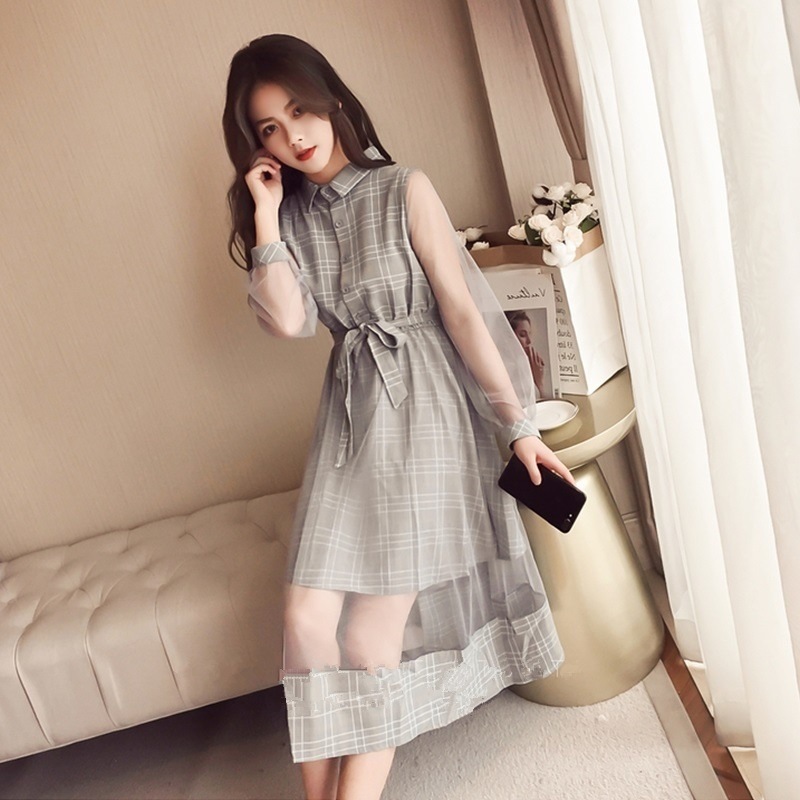 1608.チェック柄シースルー切り替えワンピース（グレー）2019 春夏 sale 通学 お呼ばれ 普段使い お出かけ