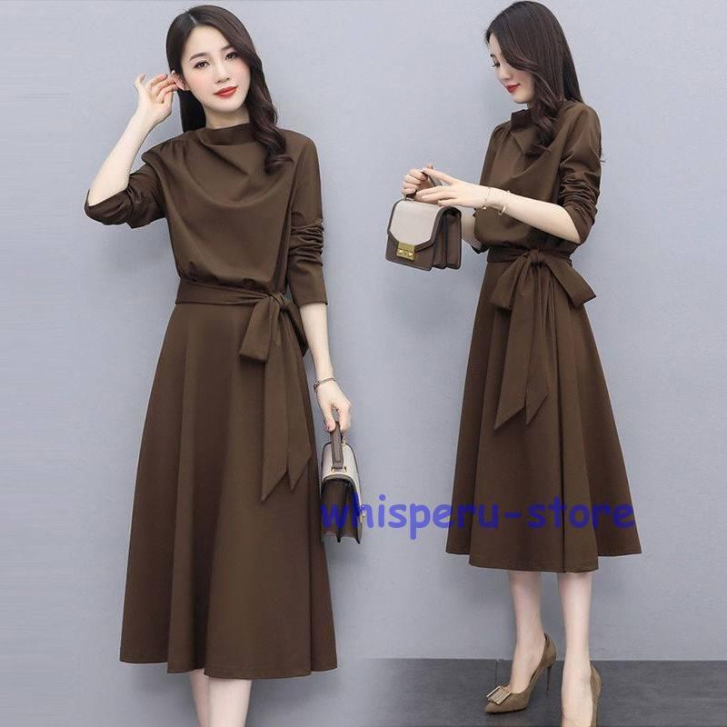 女性の40 sの端正なマキシの秋の冬の長い服の黒の広がったスカートのパフ袖の大人30 sをカバーする流行の韓国様式ボディ-返り値