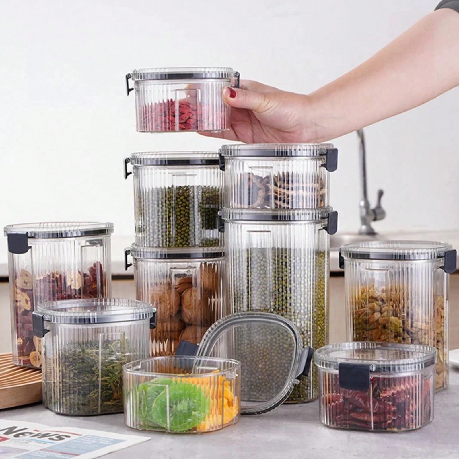 1個 キッチンストレージジャー 蓋付き ストライプ 食品保存用気密容器 砂糖 スパイスジャー パントリー収納ジャー キッチンオーガナイザー