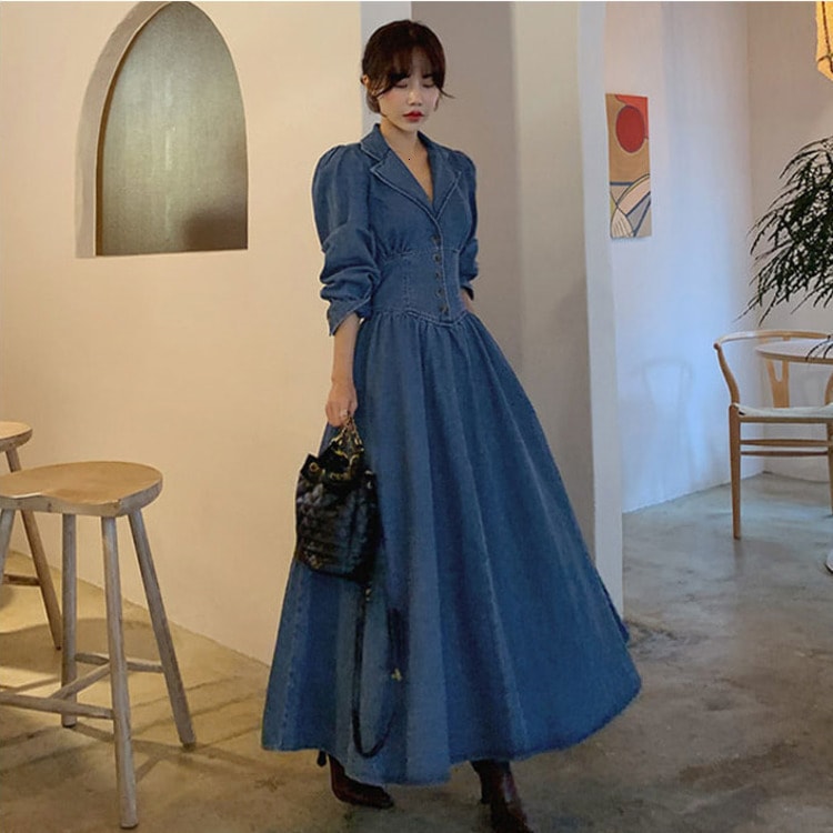 レディース ウエストマーク デニム ロング丈 ワンピース 大人可愛い ママコーデ