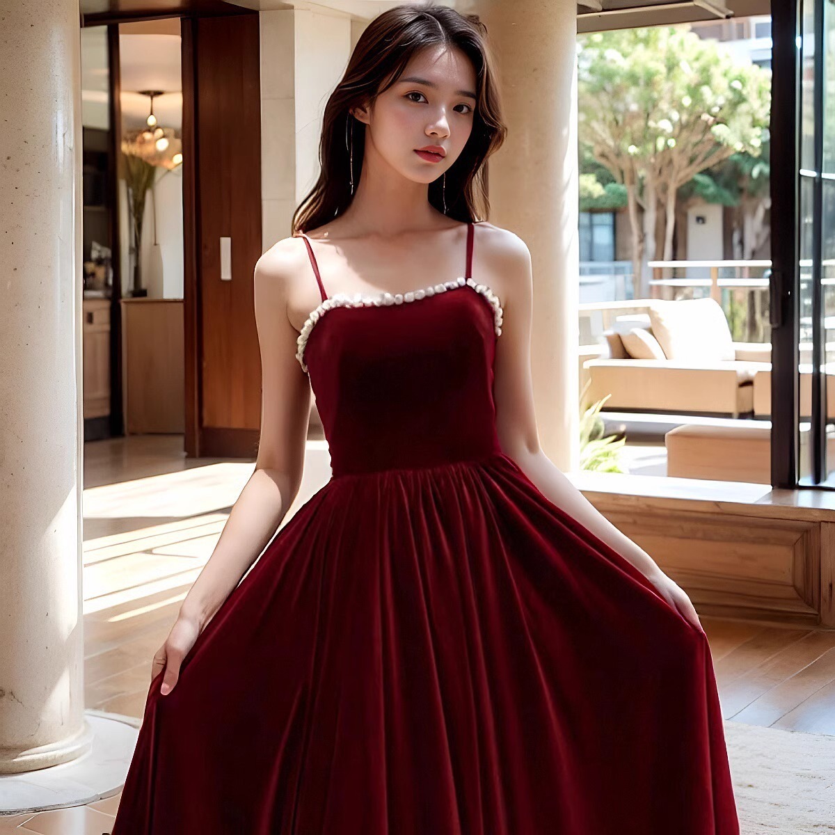 サスペンダーバーガンディ高級気質イブニングドレス婚約結婚式自宅乾杯服ホスト演出服ロング
