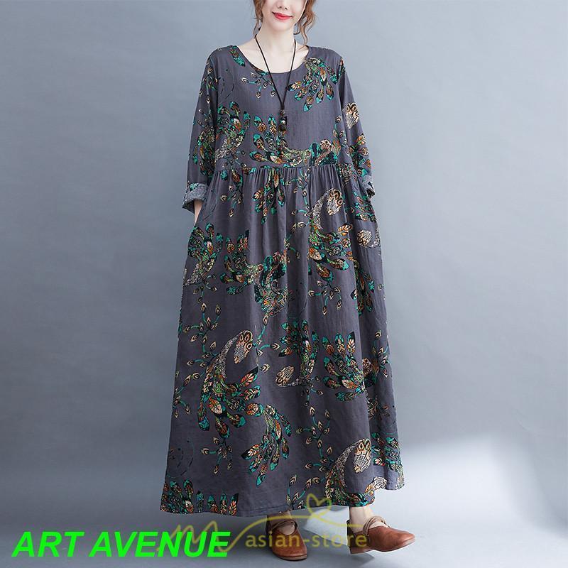 ワンピース レディース 長袖 ロング カジュアル 花柄プリント 大きいサイズ ぽっちゃり 着痩せ 上品 新作 レトロ風 夏 秋 aライン 丸首 20代30代40代50代