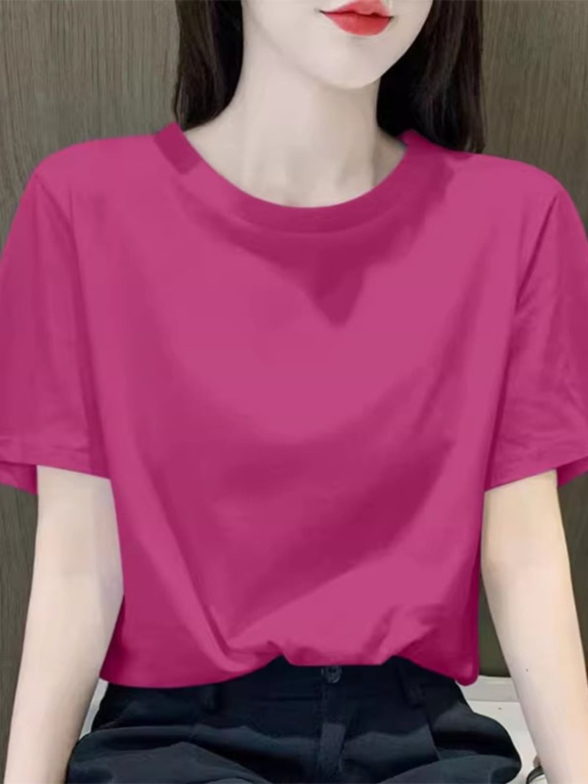 ローズレッド右肩半袖レディースtシャツ2024新作夏ヨーロッパファッション年齢を軽減するルーズプリントtシャツトップ