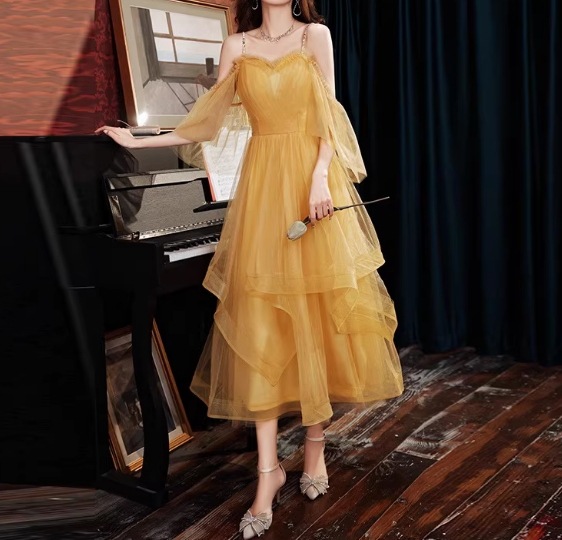 カラードレス イエロー キャミソール ドロップショルダー ミニワンピース ファスナー 演奏会