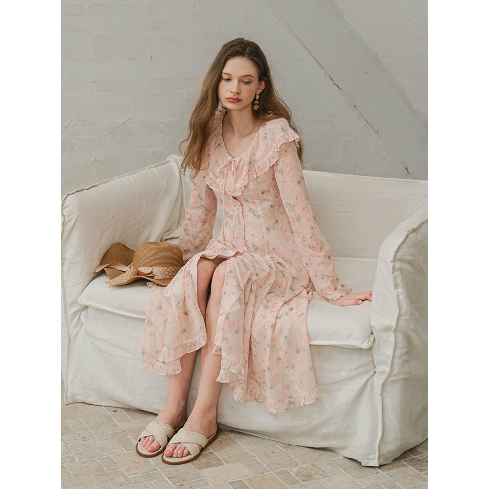 Les Bijoux フィロソフィー LB フローラルフリルカラーマキシドレス