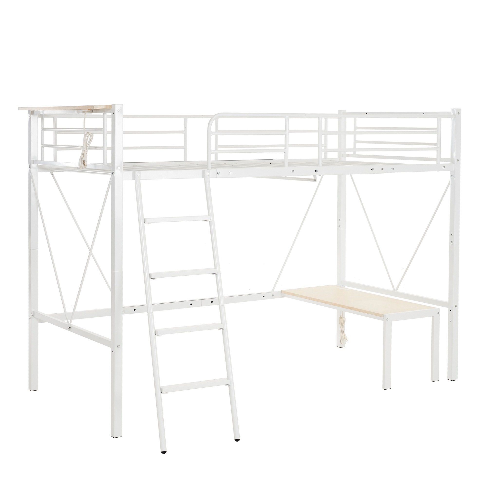 【国内出荷 - 3日配達】ロフトベッド シングル コンセント付き ミドルタイプ 高さ150cm ローデスク付き パイプベッド アイアンベッド 子供部屋 スチール 耐震 ベッド シングル パイプベッド