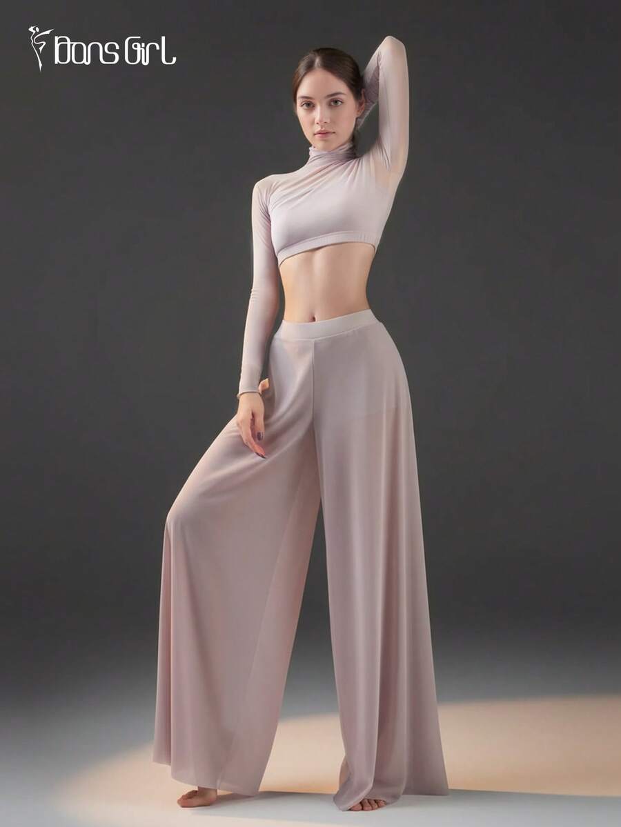 女性用タートルネック クロップトップ & ソフトエラスティックメッシュ ワイドレッグパンツセット - エアリアルヨガコンテンポラリー/クラシックバレエダンスパフォーマンス衣装春の
