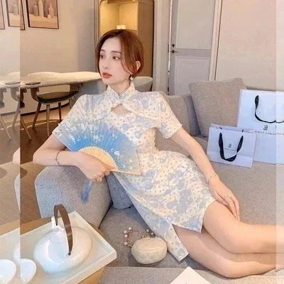 チャイナドレスの改良版女性スクエアネックスリット自家栽培気質ナショナルスワンピースドレスレースワンピ