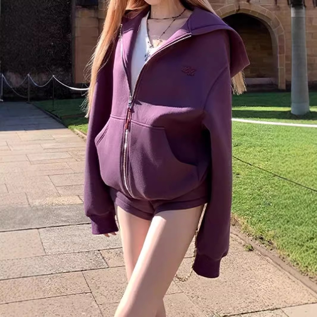 2024新型婦人服オーストラリア人留学生ju白見えやせ型衛衣半ズボンセット秋紫&灰