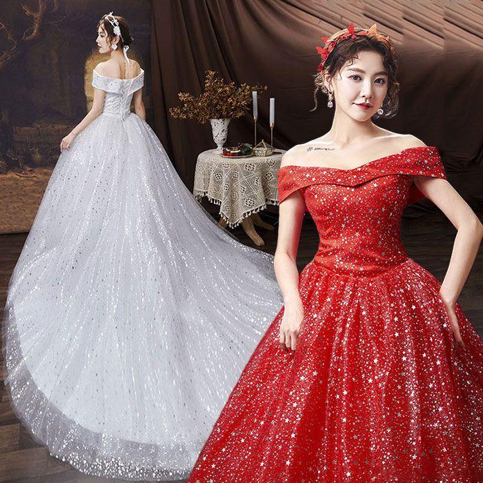 ウェディングドレス オフショルダー 結婚式 ドレス Aライン 花嫁ドレス 床付きタイプ トレーンタイプ 二次会 フォーマルドレス スパンコール キラキラ ベアトッ30%までに制限