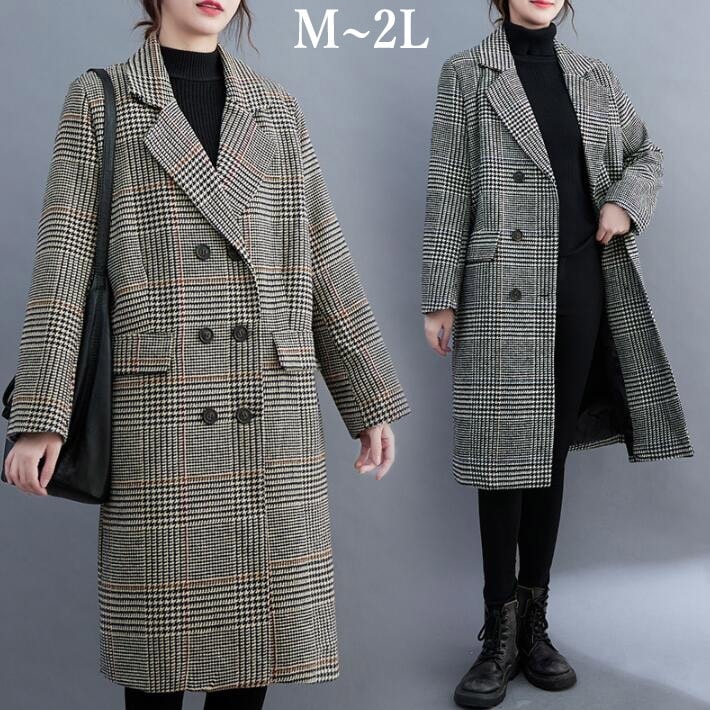 コート　レディース　チェスターコート グレンチェック　チェック アウター ロング　ロングコート　ゆったり　大きいサイズ　秋冬　Ｍ　L　LL今日は30パーセント