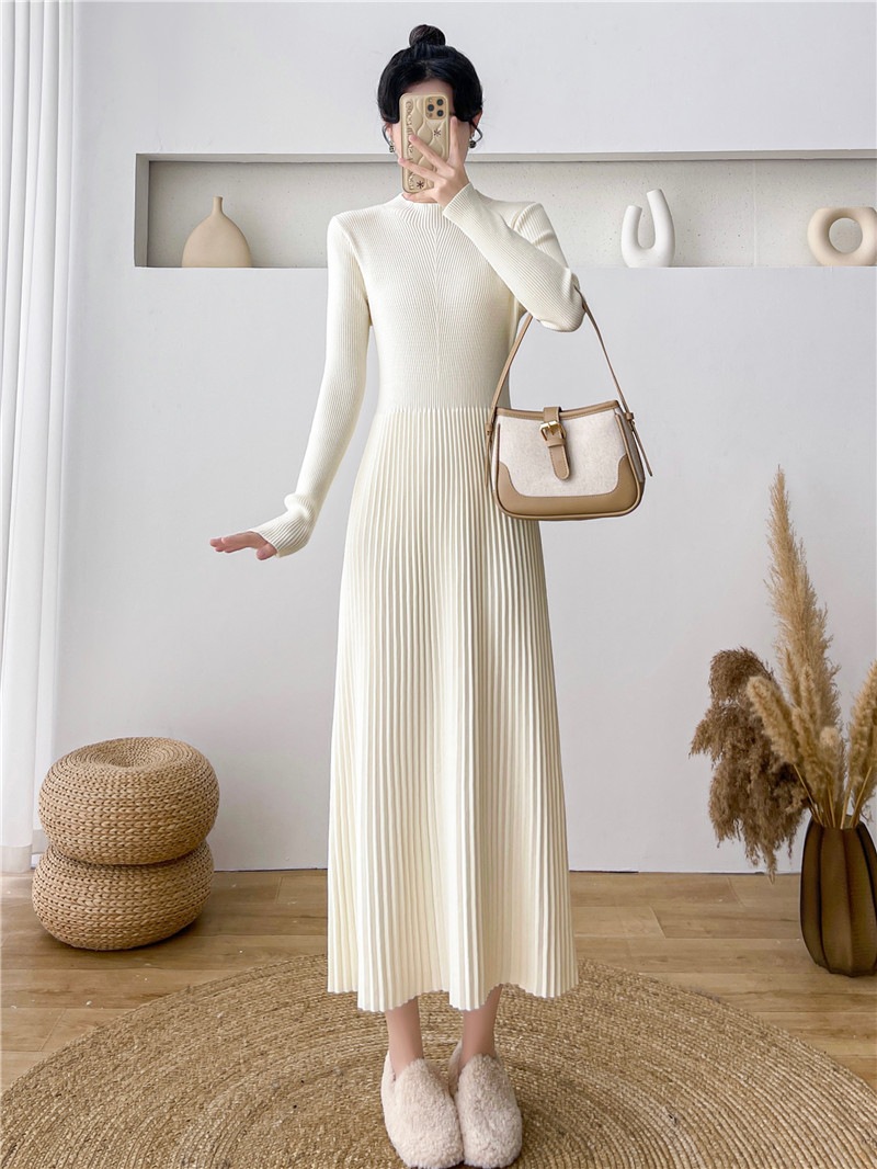 インナーボトムニットワンピース子供秋冬新作ハーフハイネックシニア感覚ブラックロングスカート