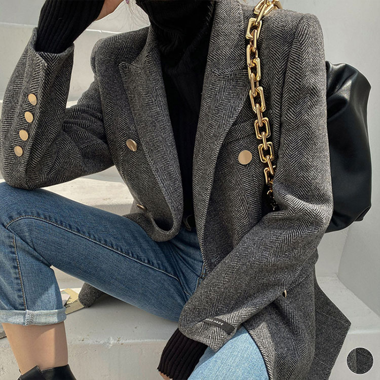 ジャケット レディース 冬 秋 韓国 秋冬 カジュアル 長め オフィス グレー きれい きれいめ 金ボタン おしゃれ 卒業式 入学式 柄 ビジネスカジュアル 大人 ロング ロング丈 ヘリボーン