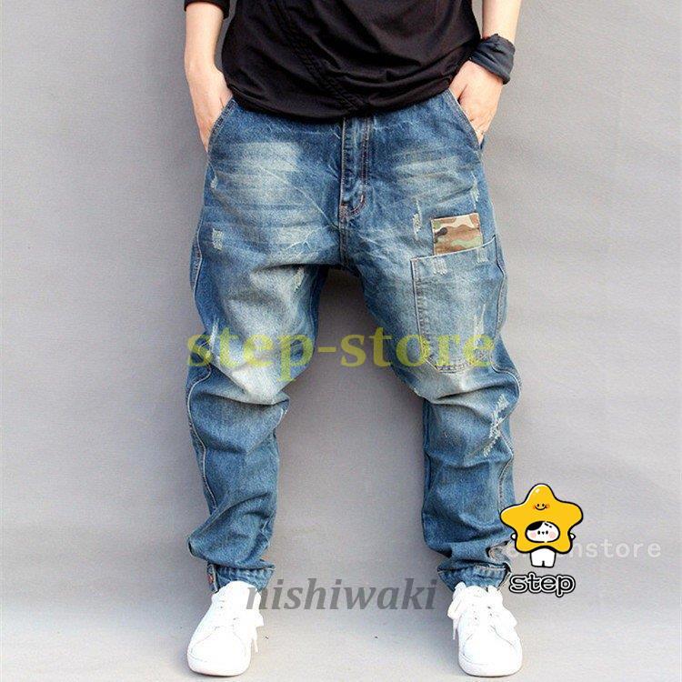 最短出荷 デニムパンツ メンズ ジーンズ ロング丈 ゆったり サルエルパンツ 大きいサイズ ヒップホップ B系 ファッション カジュアル ダメージ
