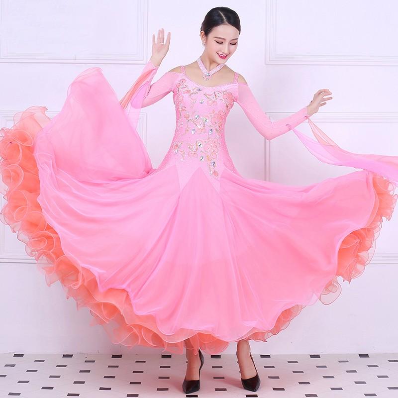 G　社交ダンスドレス　モダンドレス　サイズ調整可　発表会演出服ラテンワルツドレス　高級豪華ドレス　ピンク　品番1258