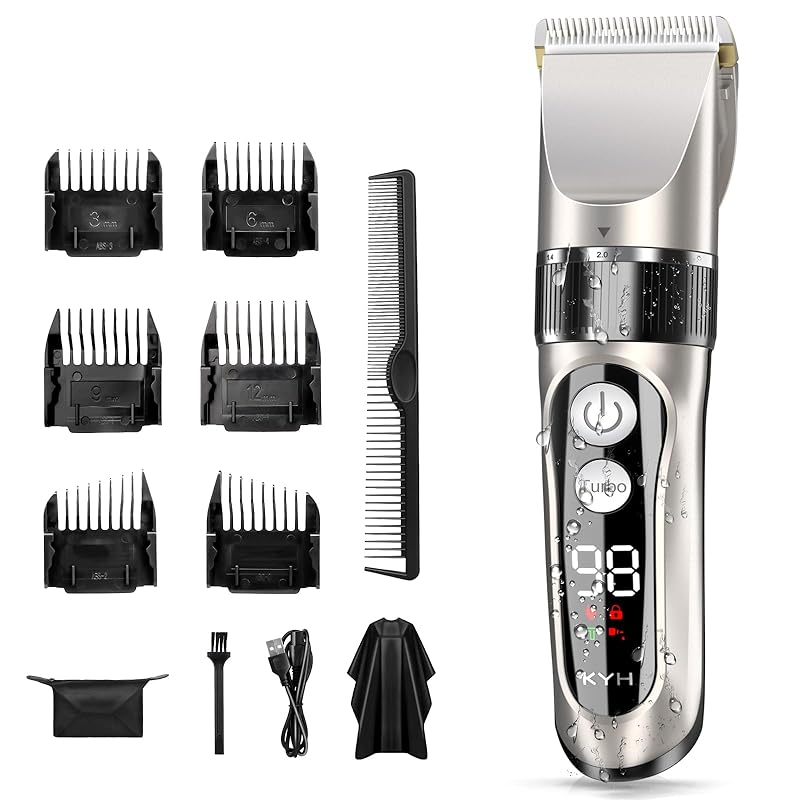バリカン ヘアカッター 散髪用 KYH 充電/交流式 大容量充電池 2つのモード 5段階刈り高さ調節 6種類ガイドコーム 超低騒音 安全ロック付き led電量ディスプレイ 水洗い可 メンズ/子供/家庭