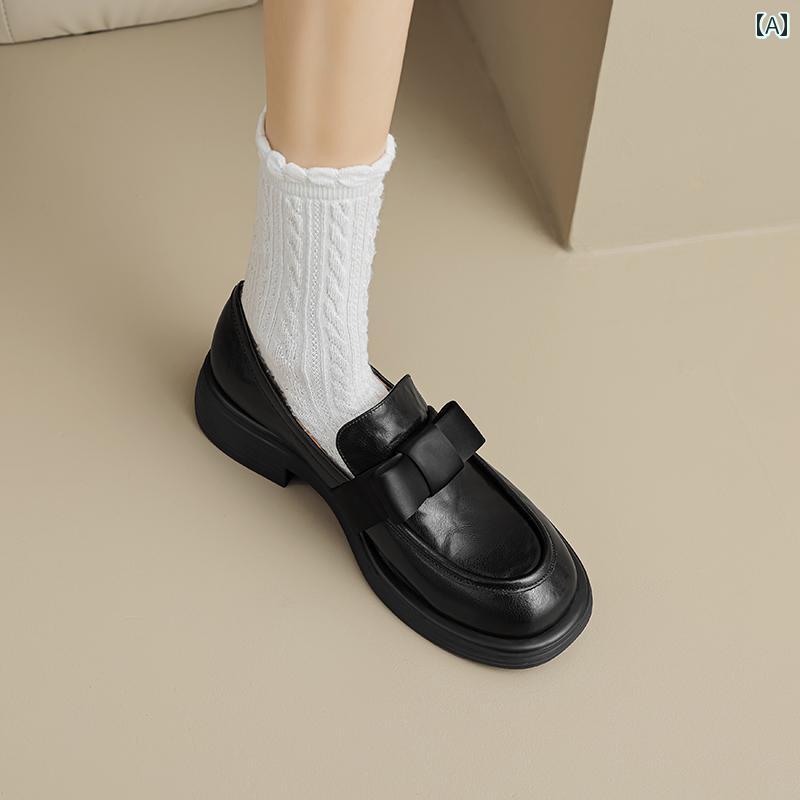 ローファー レディース 通学 通勤 学生 カレッジ 仕事 オフィス フレンチ レトロ エレガント ボウ 女性 春 厚手 ヒール ラウンドトゥ レザー 深口 スリッポン 小さい 革靴