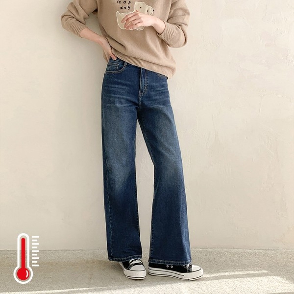 (Jinmania) ダークブルー隠しバンディング起毛裏地ワイドデニムパンツ