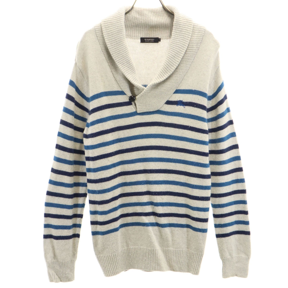 BURBERRY BLACK LABEL バーバリーブラックレーベル ボーダー柄 長袖 ショールカラー セーター 2 グレー 三陽商会 ニット レディース 古着