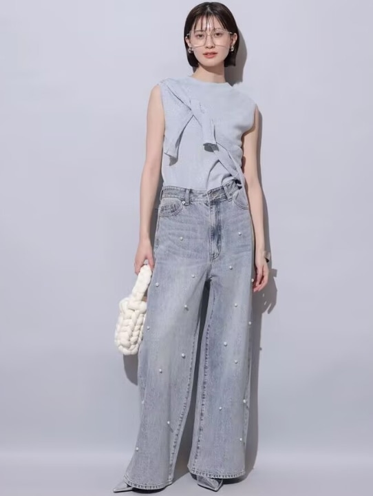 Arpege story パール付きデニムパンツ