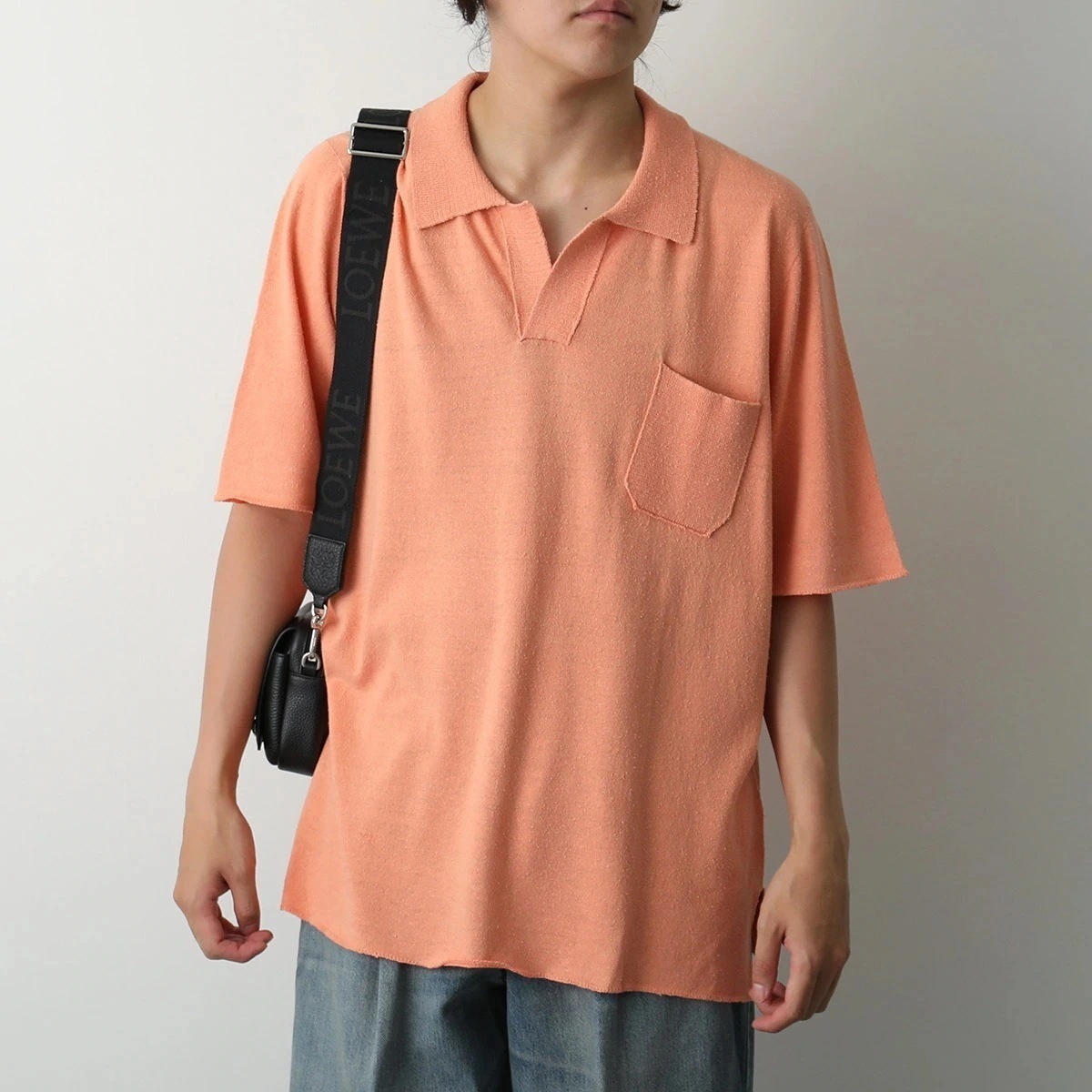 LONGO ロンゴ ポロシャツ S022211L メンズ シルク 5分袖 オーバーサイズ リラックスフィット ロゴ 胸ポケット 449 【mega】