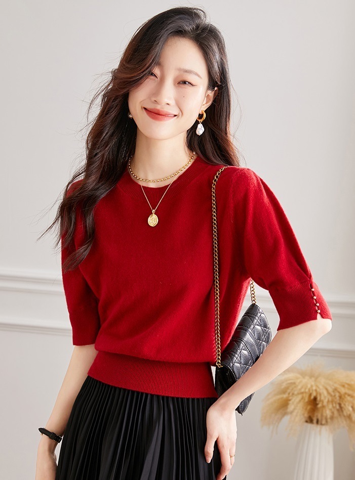 秋 半袖 ウール セーター 女性 秋 ハイウエスト ショート セーター 薄手 シャツ パフスリーブ トップ レッド ホワイト ブラック フリーサイズ トップス 袖あり かわいい 大人可愛い きれいめニット