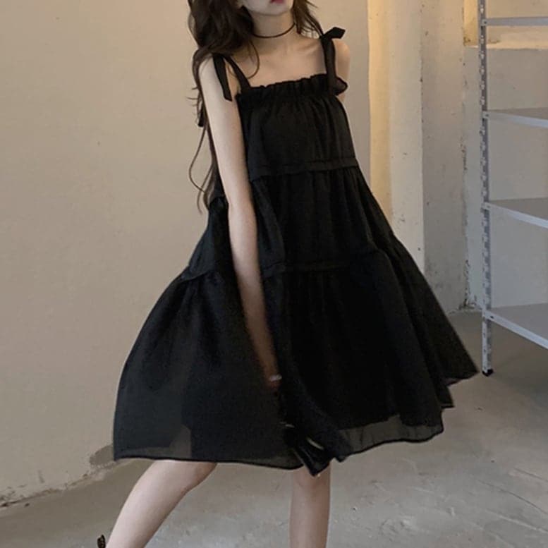 レディース ティアードワンピース フレア シフォン ドレス ミディアム丈 ひざ丈 フリル 袖なし 4,922円