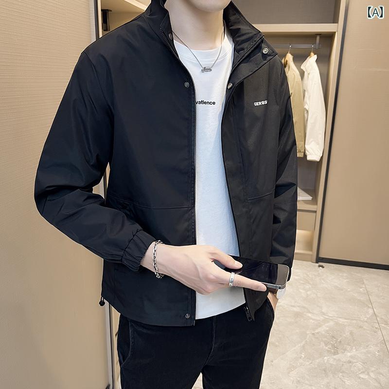 メンズ ファッション 秋 スリム 薄手 涼しい ジャケット トップス スタンドカラー 無地 ジャケット