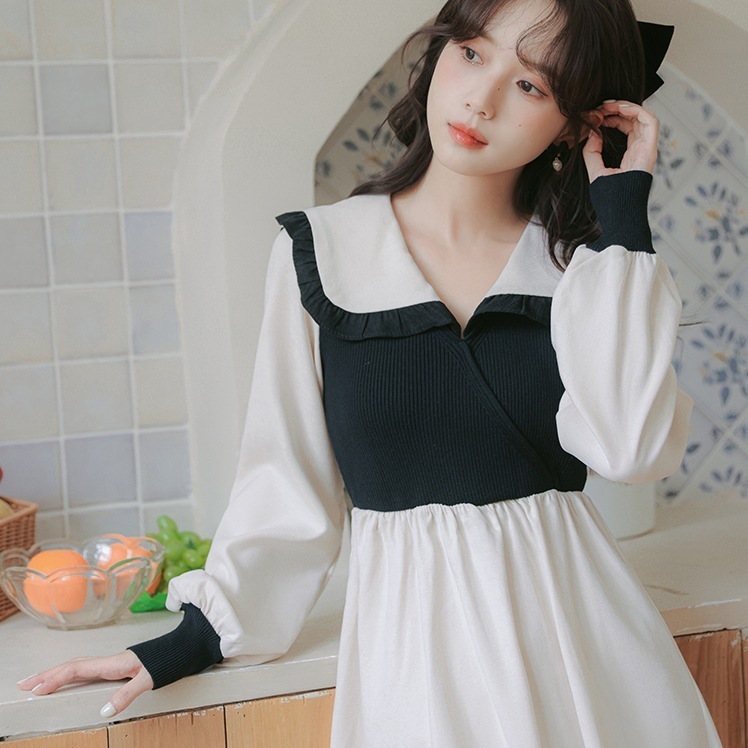 ワンピース ブラウス フレアワンピース ロング ロング丈 袖あり 長袖 ボリューム袖 Vネック 襟付き フレア シフォン 切り替えデザイン かわいい きれいめ シンプル カジュアル 大人 上品