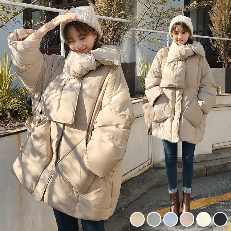 ダウンコート ダウンジャケット マフラー付き　レディース　アウター　ダウン＆フェザー 襟なし コート 軽量 あったかアウター カジュアル 通勤　通学 防寒 ６色