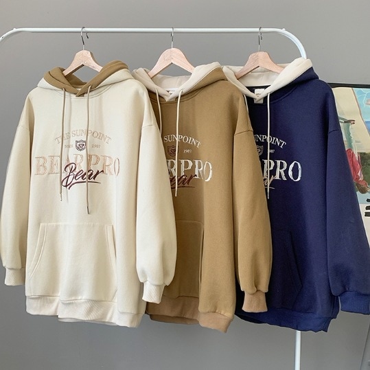 トップス パーカー スウェット 袖あり 長袖 ドロップショルダー デザイン オーバーサイズ ビッグシルエット 美ライン 刺繍 ヴィンテージ風 フード付き カラバリ バイカラー かわいい 大人可愛い