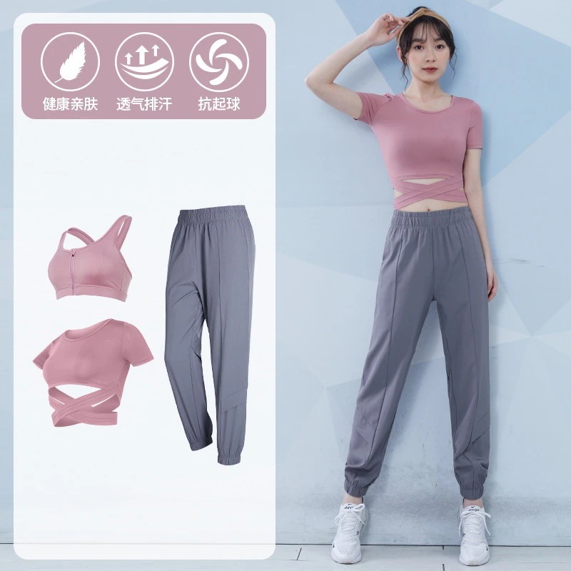スポーツウェアレディーススポーツウェア3点セットヨガウェアセット女性用ヨガウェア夏のファッション気質スポーツウェア高級タイトフィットトレーニングスウェットシャツモーニングランニングジムウェアセットスポ