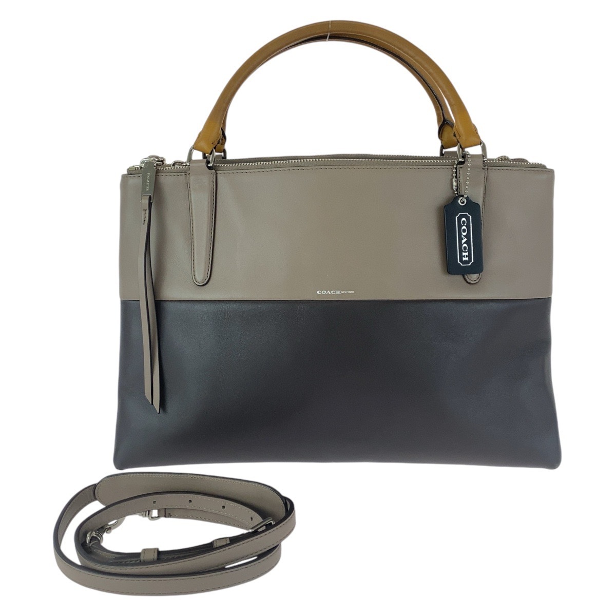 美品 バイカラー ブラウン シルバー金具 レザー ハンドバッグ ショルダーバッグ 2way レディース 409088