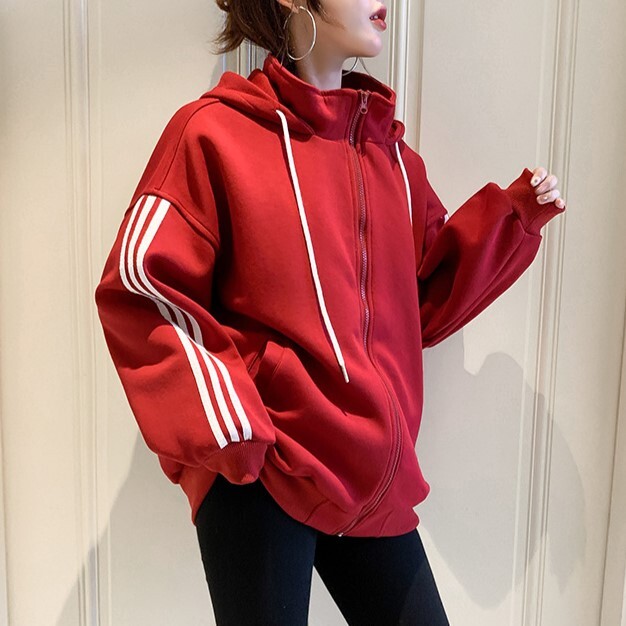 オーバーサイズ 袖3本ライン ジップアップ フーディージャケット パーカー ミディアム丈 長袖 ドロップショルダー スタンドカラー ポケット フロントファスナー 前開き シンプル カジュアル おしゃれ