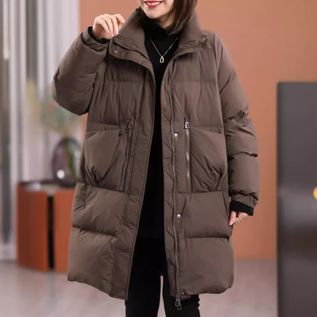 2025年秋冬新作ダウンジャケットレディースミドル丈厚手おしゃれゆったりスタンドカラーホワイトダックダウンジャケットヨーロッパ冬服