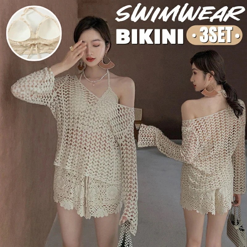 レディース水着 ビキニ 水着 レディース セパレート 体型カバー タンキニ 体型カバー 上下セット スクール水着 3点セット 露出控えめ 透かし編み ショートパンツ 小胸 スイムウェア バスト セクシ