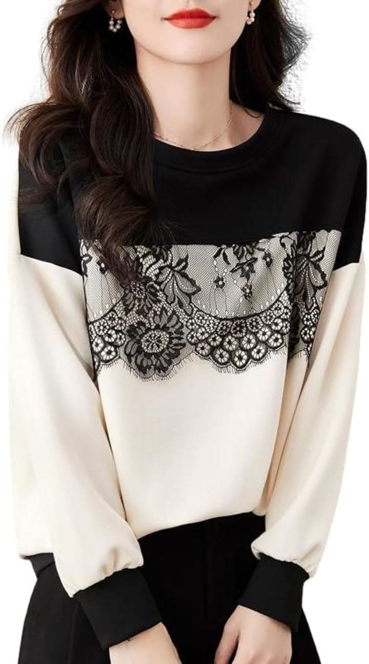 レースライントップス ゆったり バイカラー プルオーバー 10分袖 裏地なし キレカジ オシャレ 軽い シワにならない やわらか 甘辛ミックス しっかり見え 大人女子 すっきり(2XL)