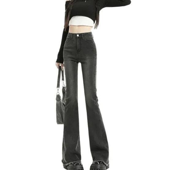 マイクロストレートハイウエストジーンズ 黒とグレ 女性