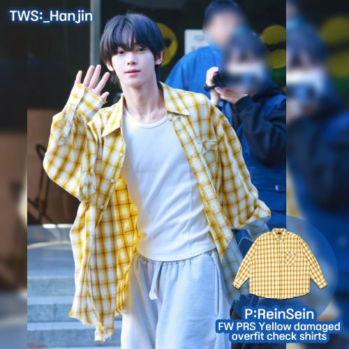 TWS,QWER 着用] FW PRS 옐로우 오버핏 데미지 체크셔츠