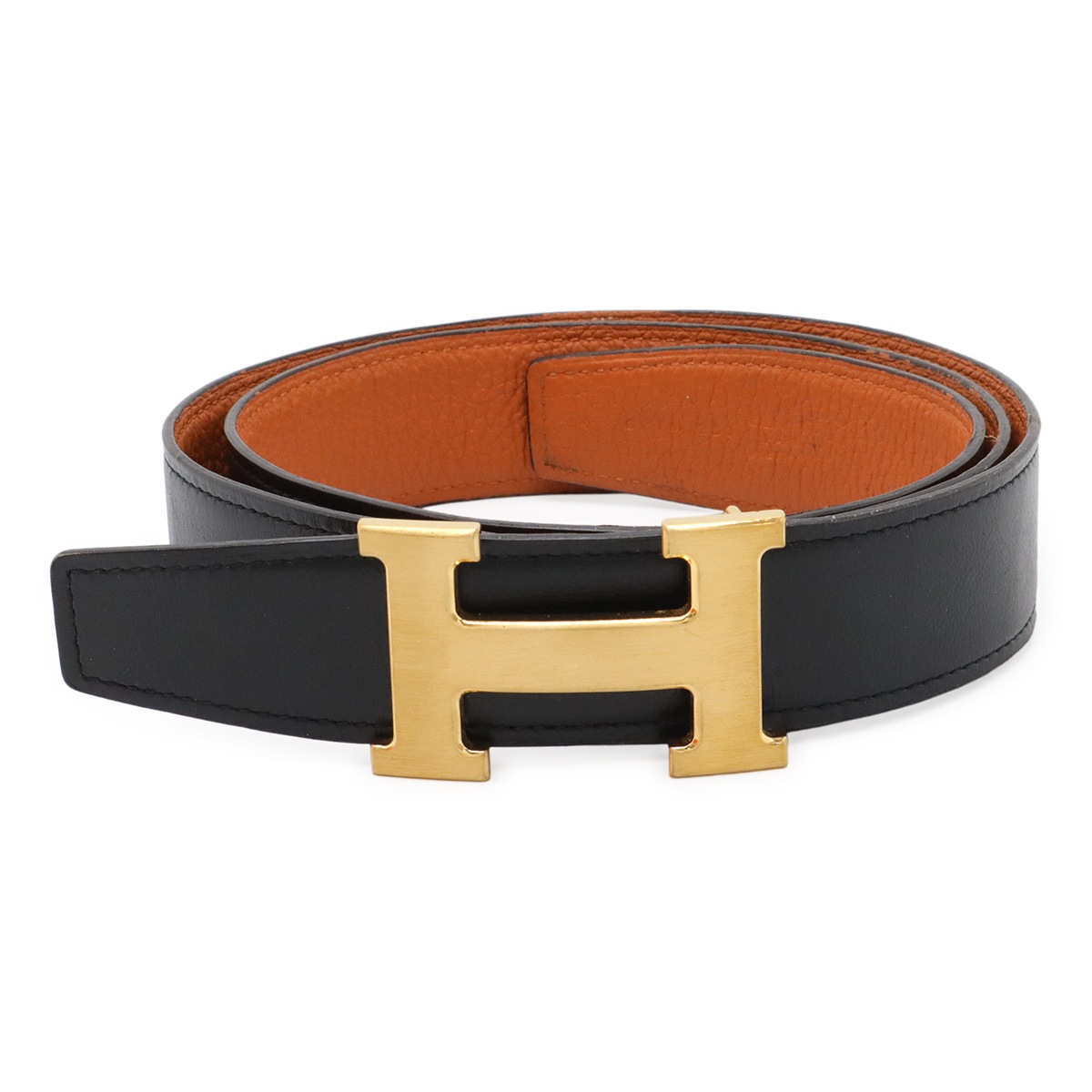 Hベルト Hバックル リバーシブル レザー ブラック 黒 オレンジ ゴールド金具 #90 C刻