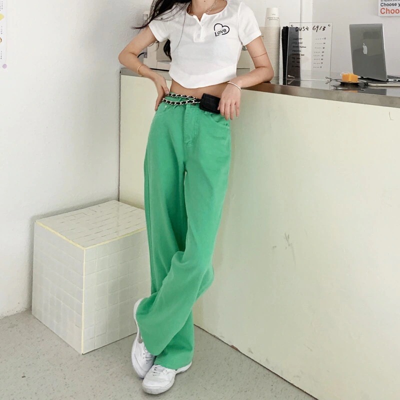 カラバリ ハイウエスト デニムパンツ ボトムス パンツ Gパン ズボン ワイドパンツ ストレートパンツ カラーパンツ ロング ロング丈 ストレート ワイド ファスナー ポケット デニム カラーデニム