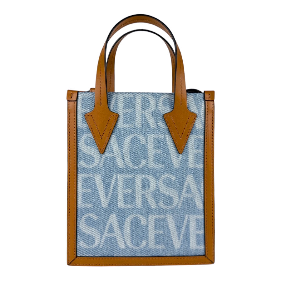 ヴェルサーチ VERSACE ハンドバッグ 斜め掛けショルダーバッグ デニム/レザー ブルー/ブラウン ゴールド レディース z3542