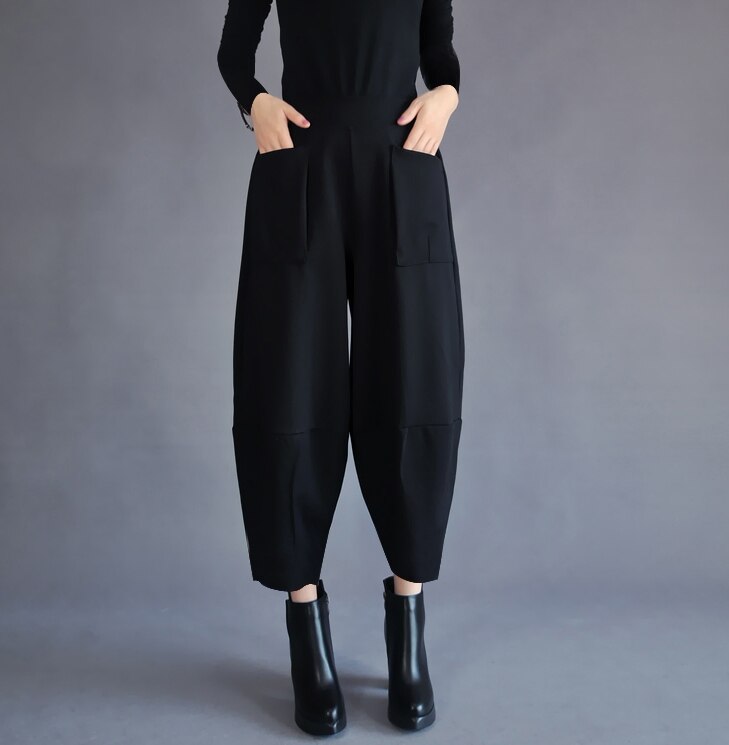 パンツ クロップド サルエル レディース 個性的 7分丈 ポケット ハイウエスト ウエストゴム 大人可愛い こなれ感 抜け感 無地 オールシーズン ママ 学生 通学 お出かけ ブラック ボトムス