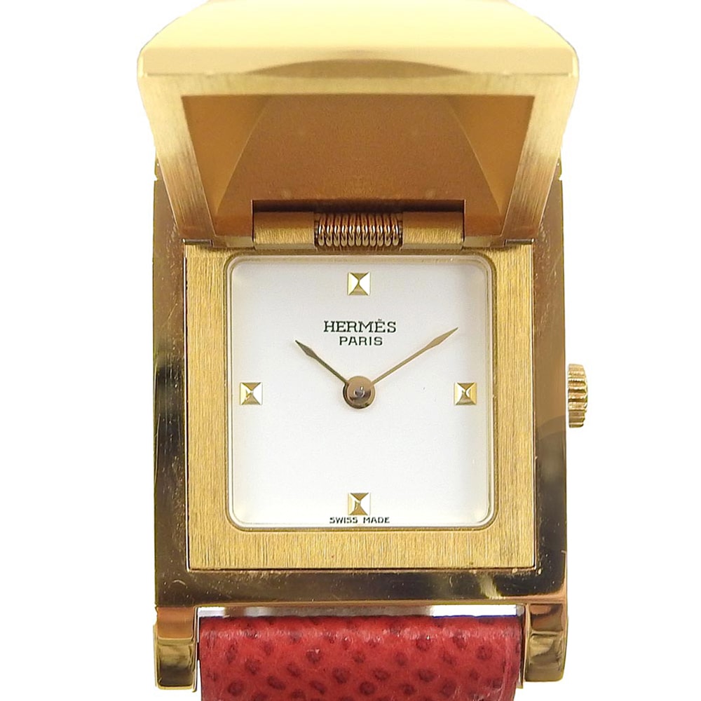 価格は安く Hermesメドール 腕時計 金メッキ レザー ゴールド Y クオーツ アナログ表示 レディース 白文字盤 中古品 A-ランク その他 ブランド腕時計