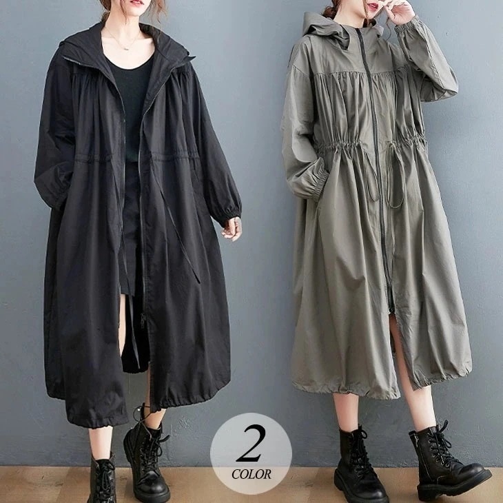フード付き ロング ジップアップ ブルゾン コード付き ジャンパー アウター 長袖 可愛い 流行 カジュアル きれいめ シンプル 大人可愛い 春 秋 ゆったり 大きめ オーバーサイズ 無地 綿 レディ