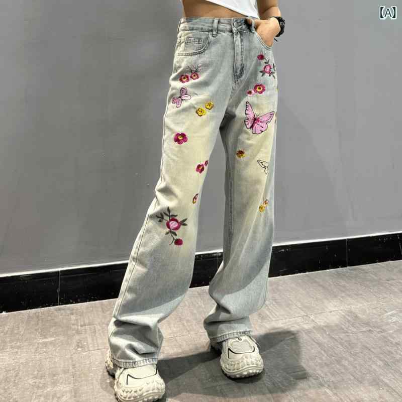 デニム パンツ ボトムス レディース 夏 刺繍 ストレート カジュアル ジーンズ 綿 ハイウエスト 青