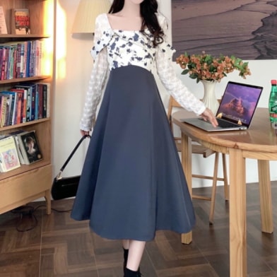 ドッキングワンピース 切り替えワンピース ワンピース 膝下 ミモレ ミモレ丈 長袖 スクエアネック