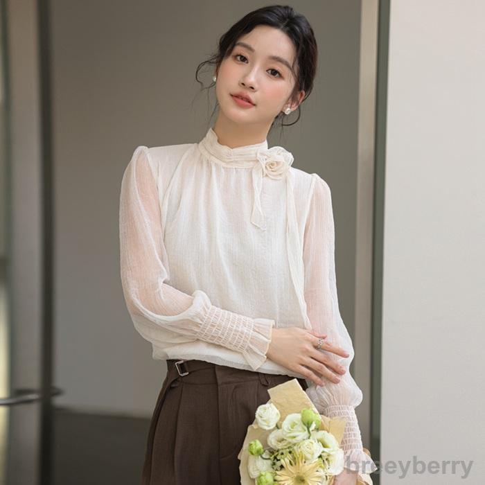 春 バルーンブラウス ブラウス レディース バルーンスリーブ プルオーバーブラウス 長袖 おしゃれ 無地 スタンドカ