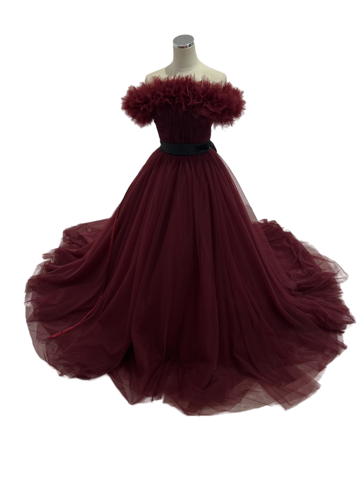 上品！カラードレス ワインレッド オフショルダー チュールスカート サッシュベルト 披露宴